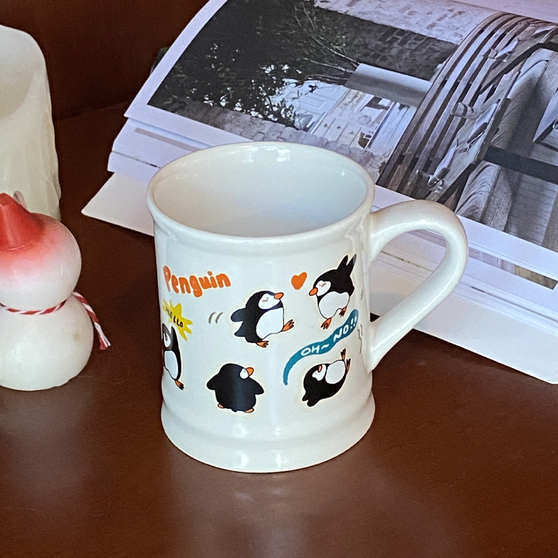 复古小众涂鸦企鹅陶瓷马克杯 可爱小动物水杯杯垫 情侣礼物350ml|undefined