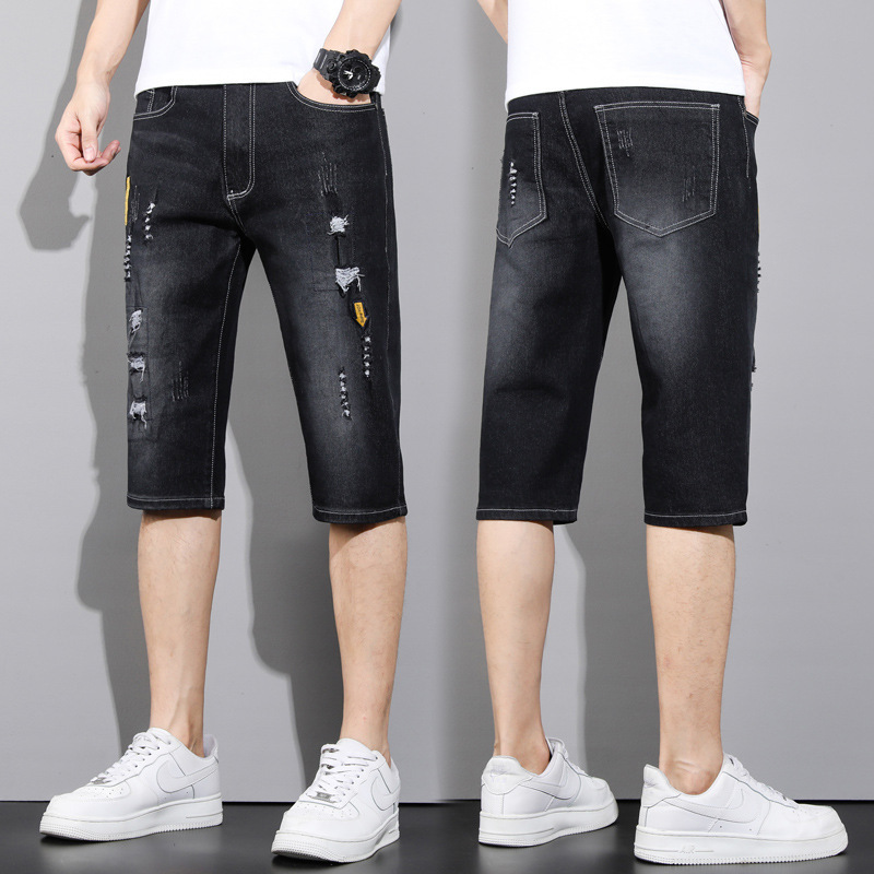2025 New Summer Thin Cropped Denim Shorts Men's Ripped Straight Trendy Stretch Casual 7-Point Pants