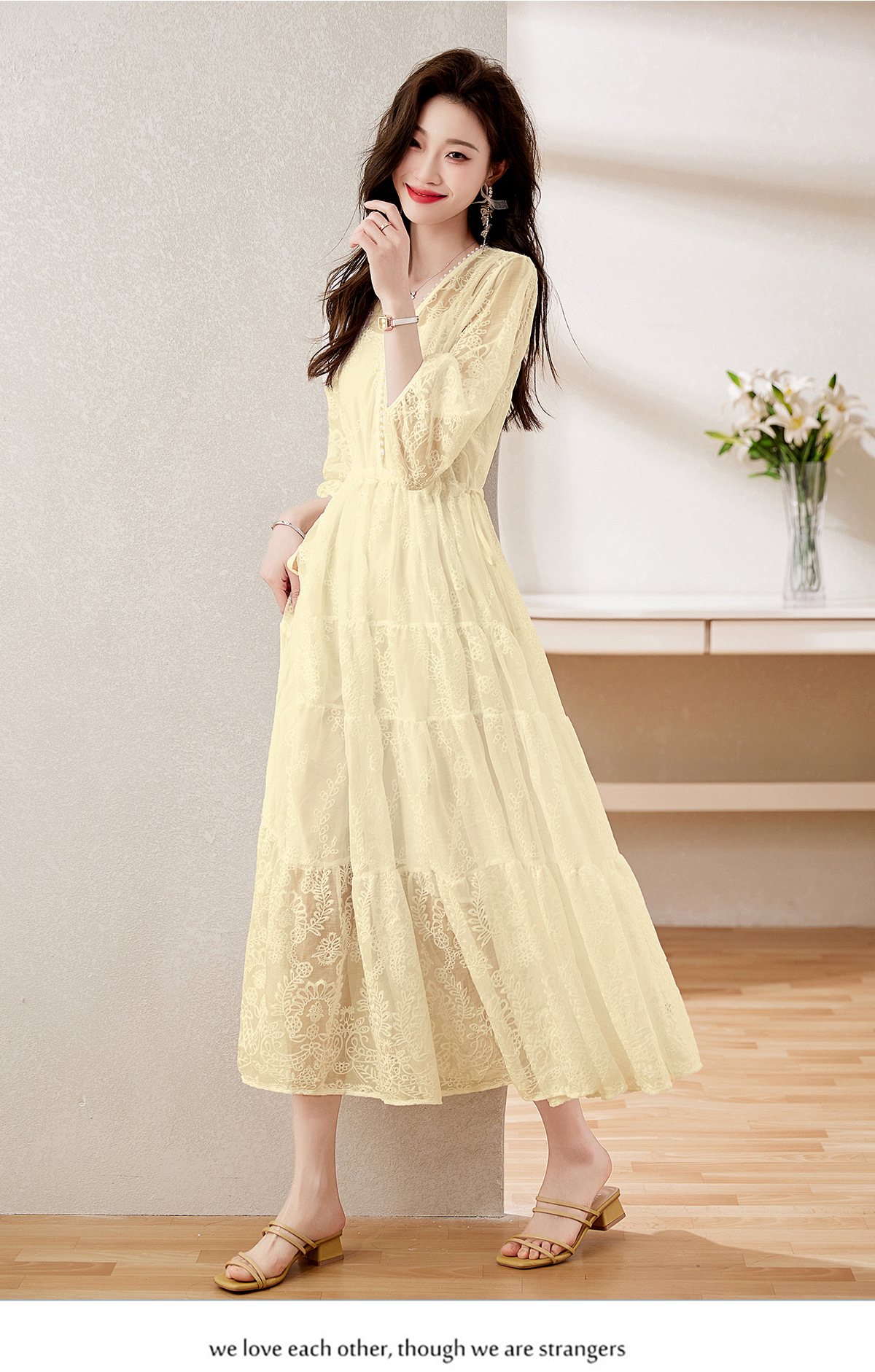 Đầm maxi nữ cổ V thắt eo dáng dài thanh lịch NY1608 — xanh lam, màu tím, màu vàng chi tiết 23