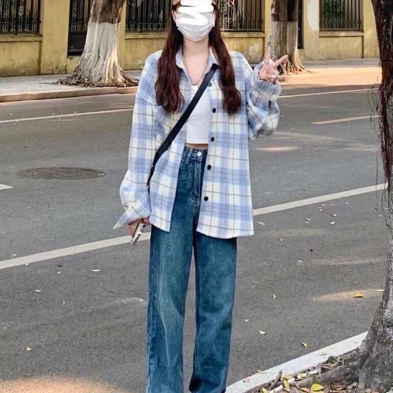 春秋新作の青い格子のシャツのコートの女性の香港風の小さい大衆はカップルのシャツのins潮の学生の上着を設計します。|undefined