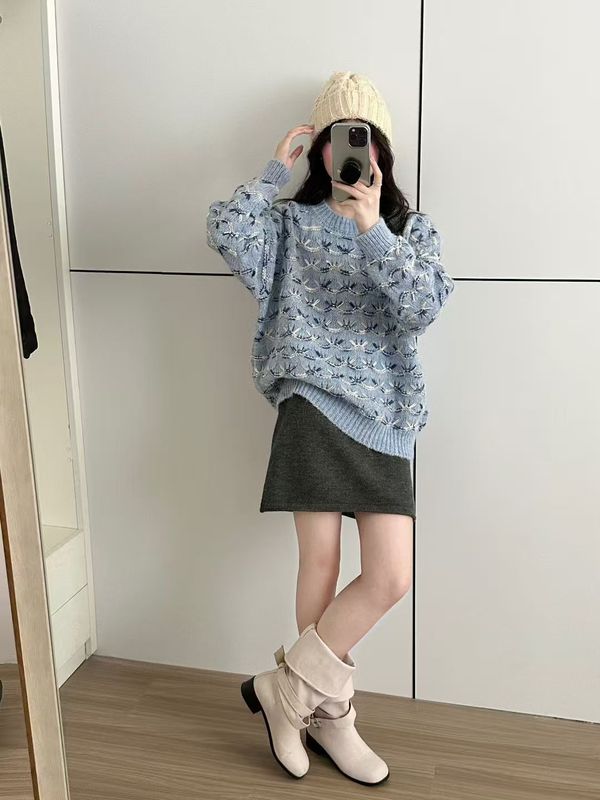 复古提花套头毛衣女2025秋冬新款韩系小众宽松休闲套头针织衫上衣|undefined