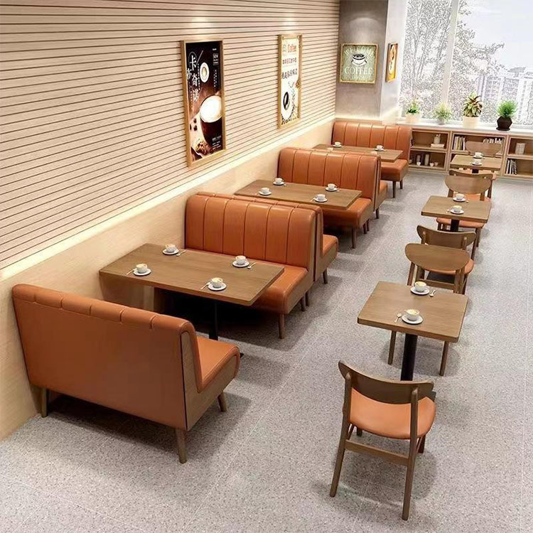 Sofá de tarjeta de restaurante, té de leche, dulces, mesa y silla de comedor, sala de té, asiento de recepción doble personalizado contra la pared