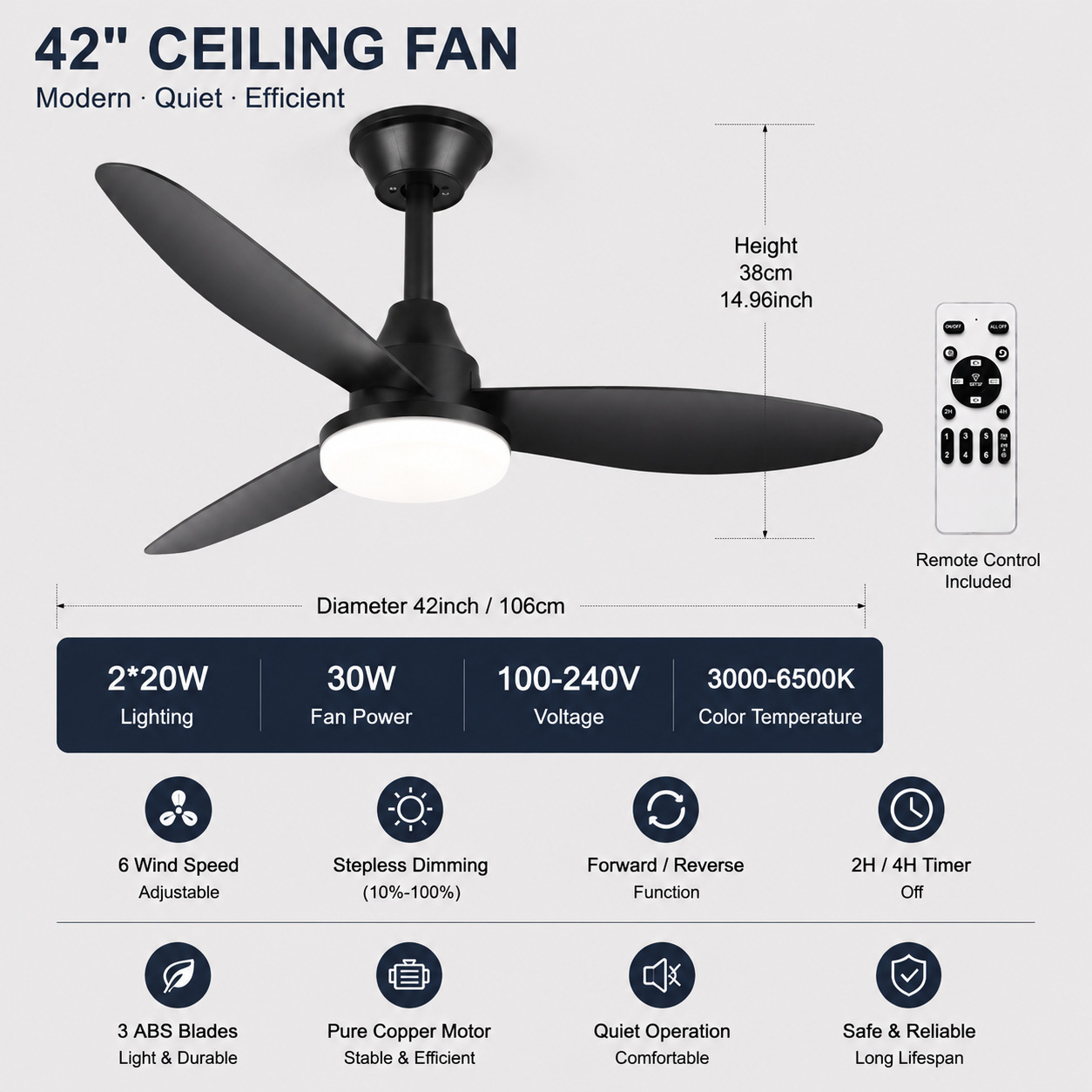 Ventilador de Techo Retro con Luz de Acrílico y ABS con Control Remoto para Sala de Estar y Comedor