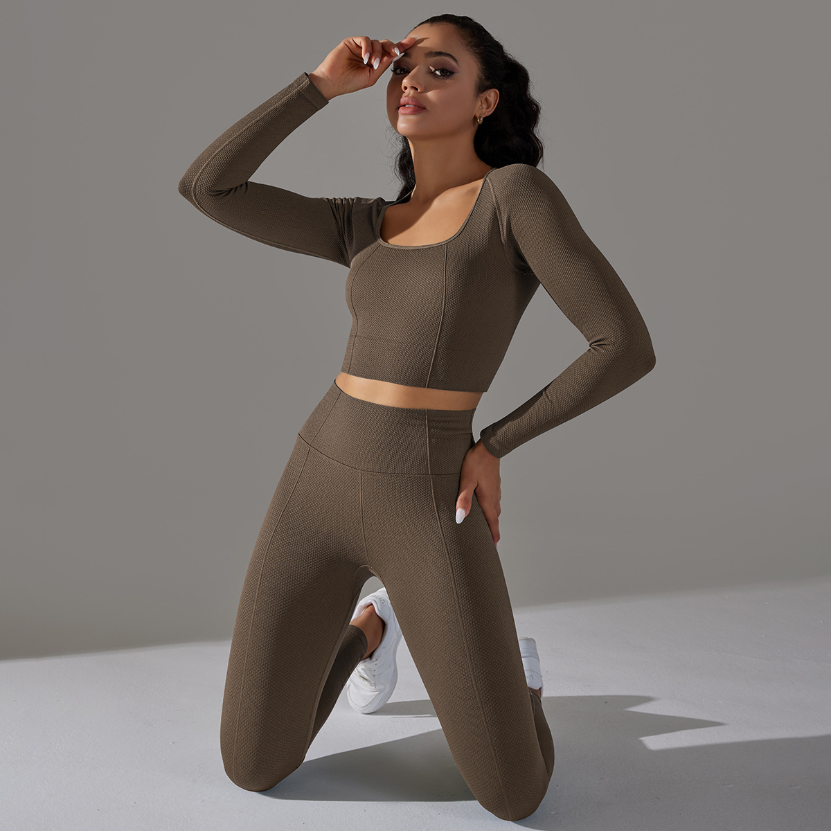 Women's Jacquard Yoga Dress Long Sleeve Suit High Waist Hip Tights Fitness Sportswear_voghion.com