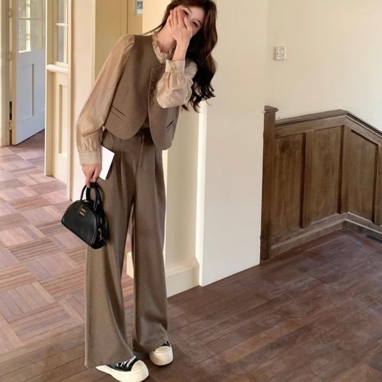 高级感马甲套装女气质显瘦衬衫阔腿裤三件套春秋新款西服上衣外套|undefined