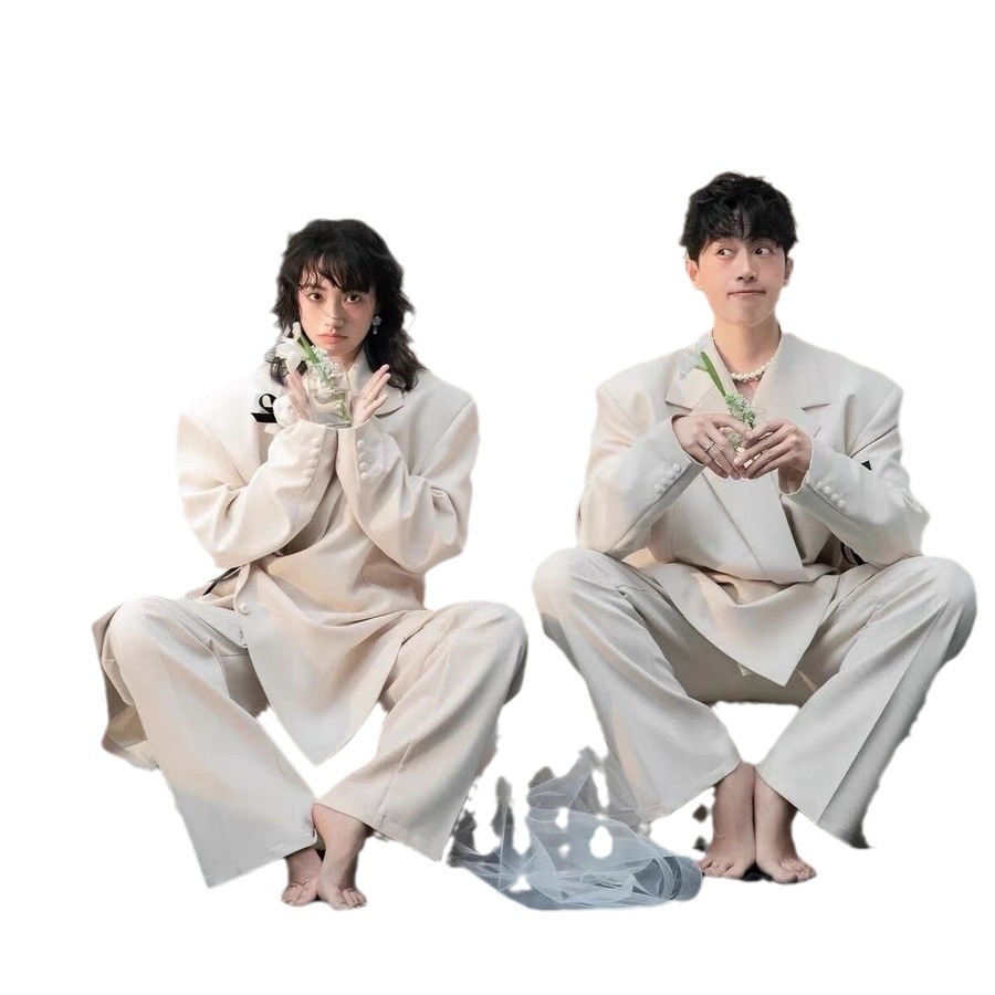 (2개) 사진 스튜디오 사진 커플 의류 테마 투어 사진 힙합 조커 넓은 다리 바지 이미지 사진 거리 사진 느슨한 웨딩 원피스 세트