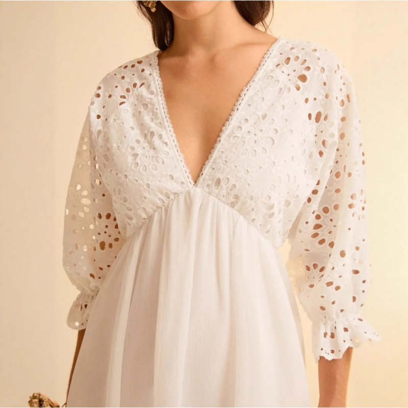 Cross-Border New White Elegant Crochet Cut Out Lace V-Neck Dress/Bohemian Beach Dress/Maternity Dress