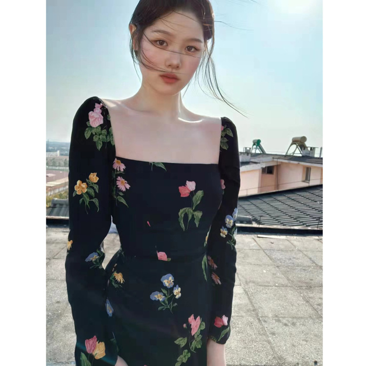 in stock N484 Summer 2022 Printed Mid-length Split Square Collar Slim-fit Long-sleeved Dress Vintage Women's Dress