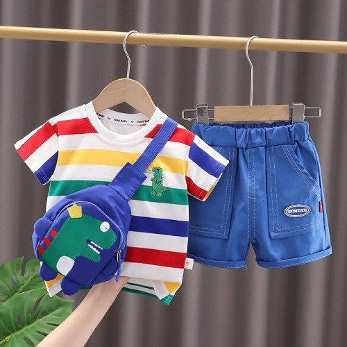 Baby boy summer striped bag set 1-2-5 years old boy children's clothing children's fashionable two-piece set one piece drop shipping