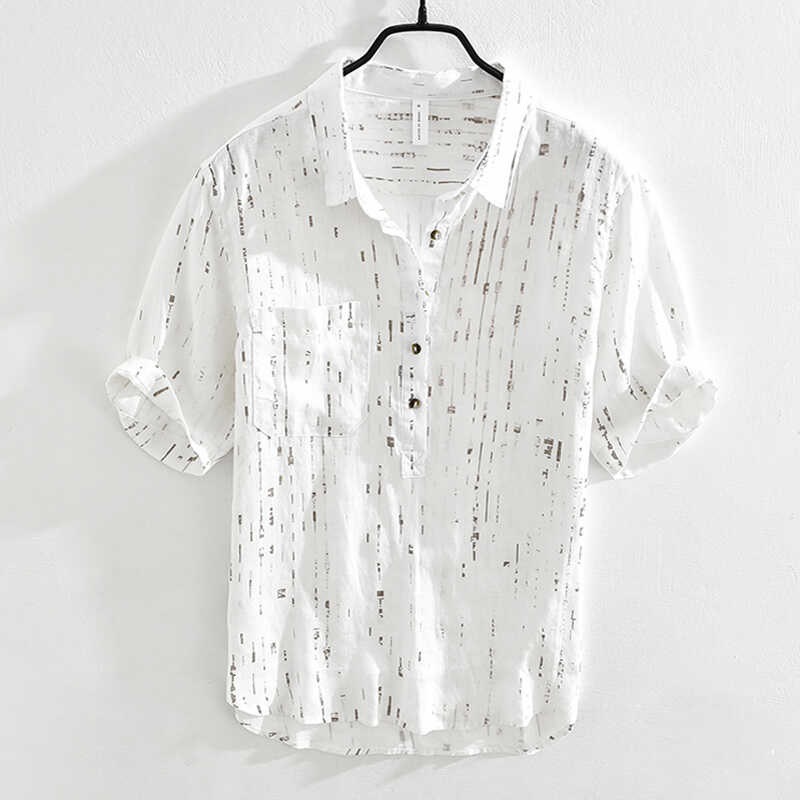 夏メンズリネン半袖Tシャツ、ラペル付きポロシャツ、夏用半袖コットン＆リネンTシャツ、リネントップス|undefined