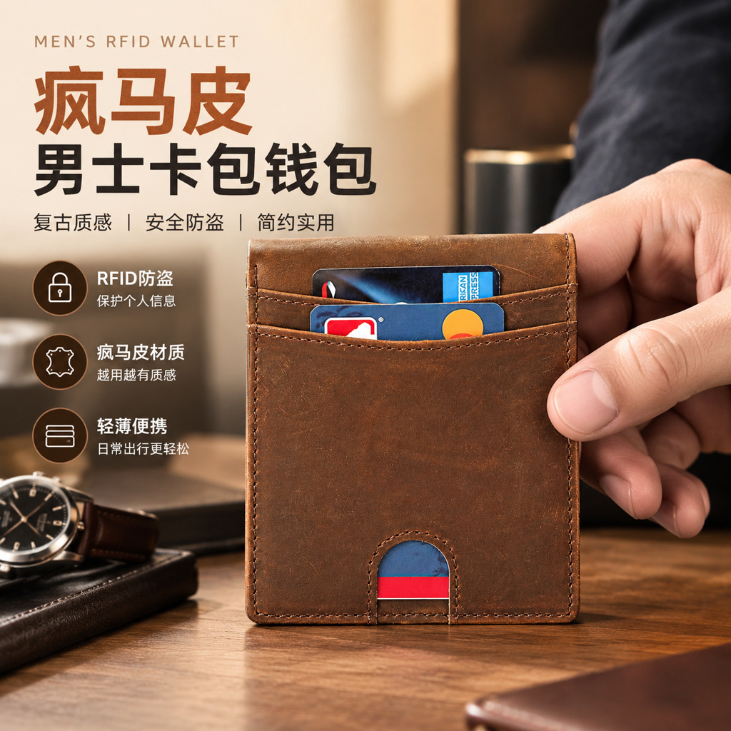 Amazon Bestseller Men's Genuine Leather Anti-Magnetic Wallet Premium Crazy Horse Leather 80% off Slim Wallet RFID Wallet for Men