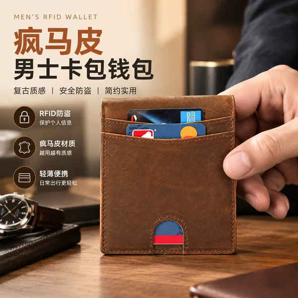 Amazon Bestseller Men's Genuine Leather Anti-Magnetic Wallet Premium Crazy Horse Leather 80% off Slim Wallet RFID Wallet for Men