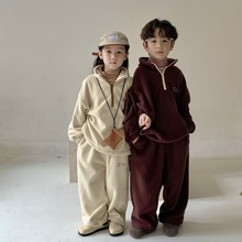 童套装2025冬款男童女童韩版纯色字母两件套儿童加厚休闲拉链卫衣