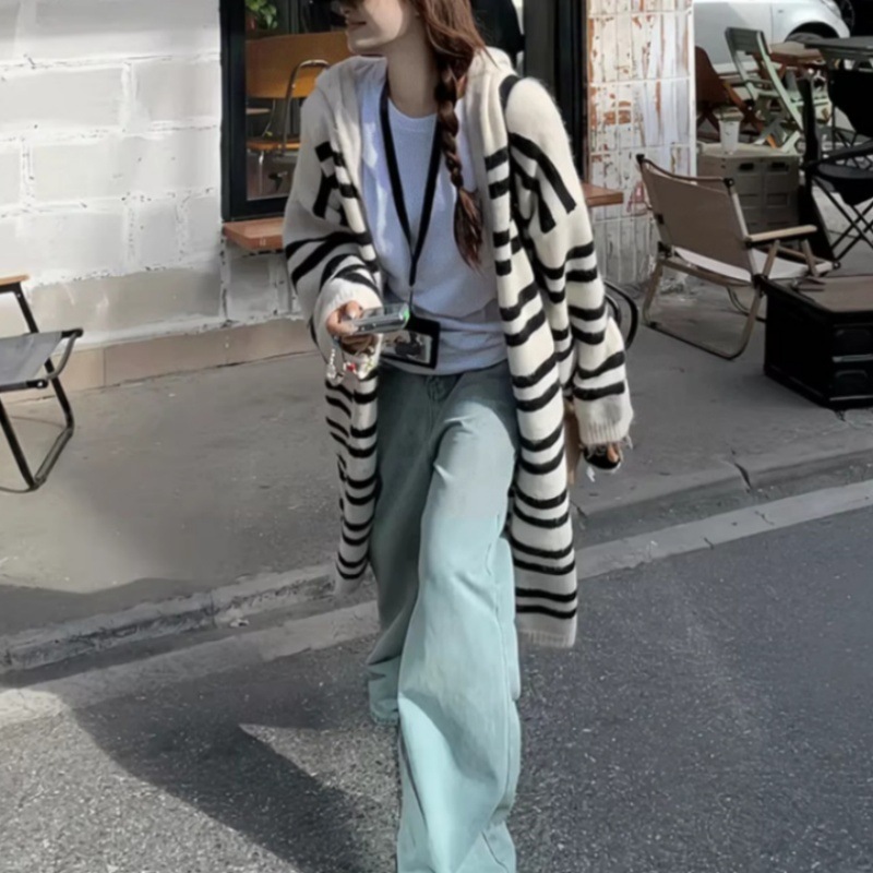 韩系条纹中长款毛衣开衫外套女2025秋冬季慵懒风小众别致针织上衣|undefined