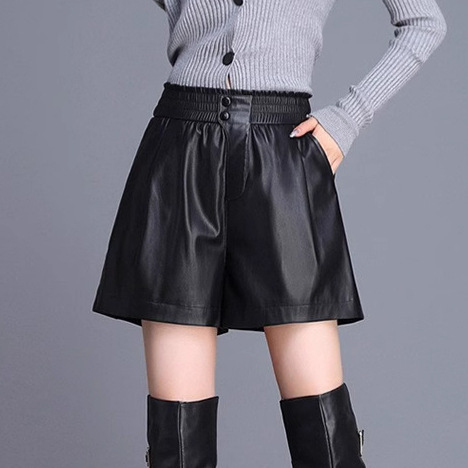 2025 Spring, Autumn, and Winter Haining Genuine Leather Women's High-Waisted Sheepskin Shorts, Wide-Leg Plus Size A-Line Pants, High-Waisted Slimming