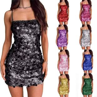 Solid Color Sleeveless Sequin Dress ��ɫ�o����Ƭ�����B��ȹŮ