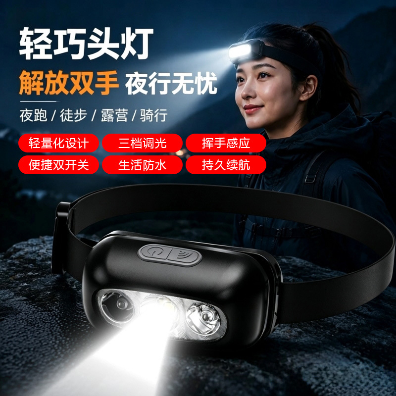 新款夜钓灯头手电筒户外登山头戴强光充电超亮照明长续航挥手感应