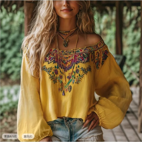 European and American Cross-Border Women's Shirts Bohemian Style Floral Retro Ethnic Style Long-Sleeved Off-Shoulder Regular Tops in Stock