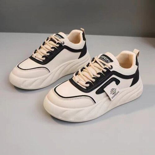 Authentic Leather White Women's Shoes 2025 Spring Color-blocked Casual Platform Sneakers Trendy Thick-soled Student Casual Shoes