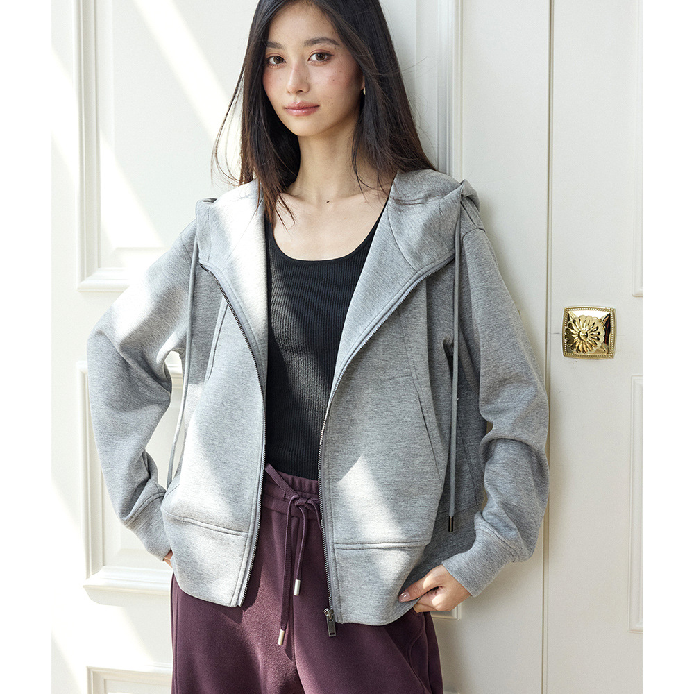 【Shengdu】26 Spring New Korean Style Relaxed and Lazy Gray Hooded Oversized Cotton Zipper Sweatshirt Cardigan Jacket for Women