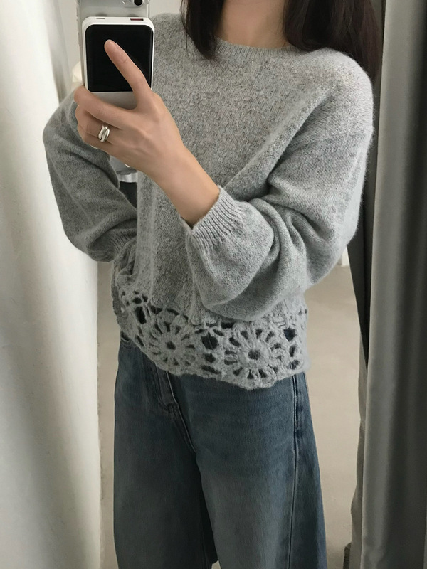 THINK十三行韩系薄款钩花毛衣女2025秋季新款宽松镂空慵懒感上衣|undefined