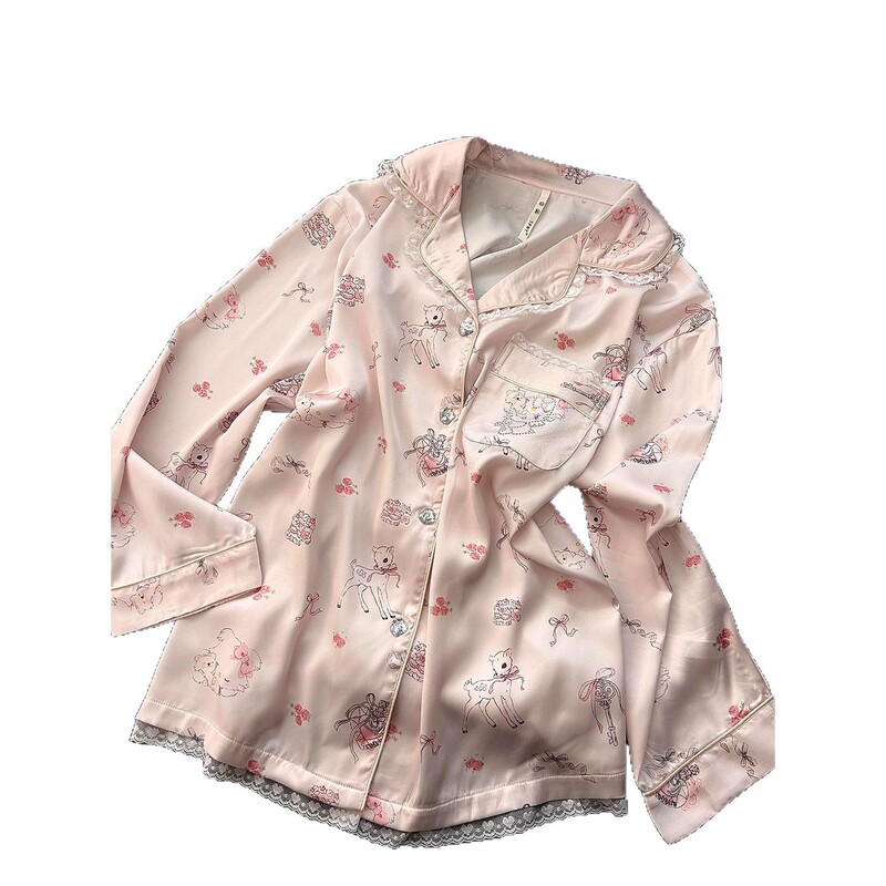粉色少女可爱卡通印花睡衣女夏季新款大码冰丝长袖长裤家居服套装|undefined