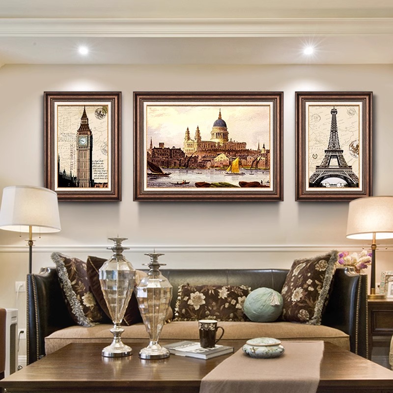 European-Style Architectural Living Room, American-Style Decorative Painting, Sofa Background Wall Hanging Painting, Retro Famous Painting Replica Mural, French-Style Wall Painting