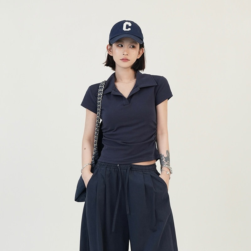 Solid Color Polo Collar Short-Sleeve T-Shirt for Women, Summer New Korean Style Slim-Fit Short Pullover Top Solid Color Polo Collar Short-Sleeve T-Shirt for Women, Summer New Korean Style Slim-Fit Short Pullover Top