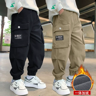 男童裤子秋装中大童2026新款秋冬男孩一体加绒休闲长裤儿童工装裤