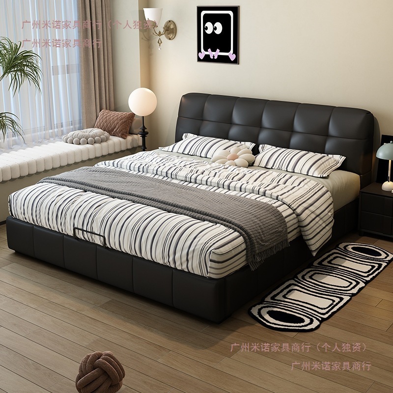 Modern Minimalist Italian-Style Black Puff Bed, Genuine Leather Small Apartment Storage Bed, Double Bed, Wedding Bed, Leather Art Bed, Large Bed 2