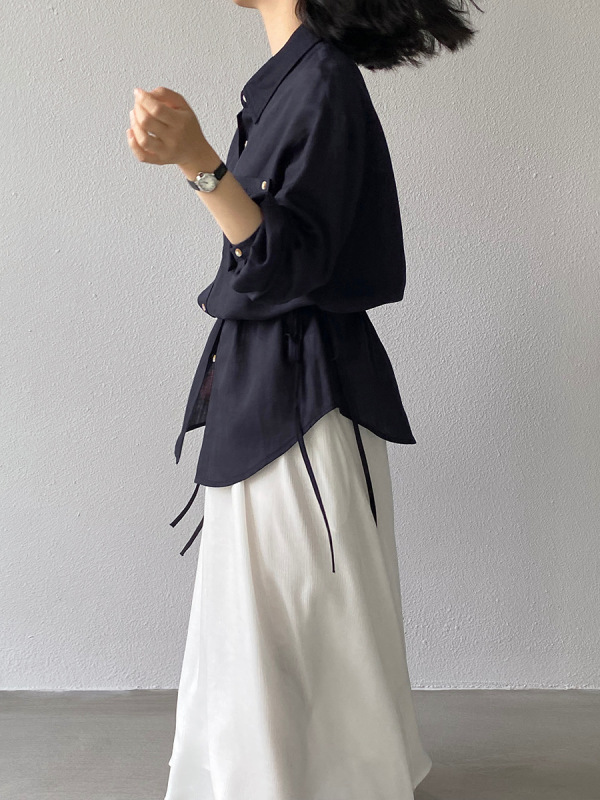 江左 天丝亚麻高级感衬衫女秋季抽绳系带长袖宽松衬衣上衣 1617|undefined