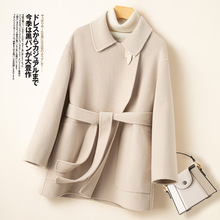 跨境外贸秋冬新款韩版女士双面羊毛大衣西装领系带女士双面呢外搭