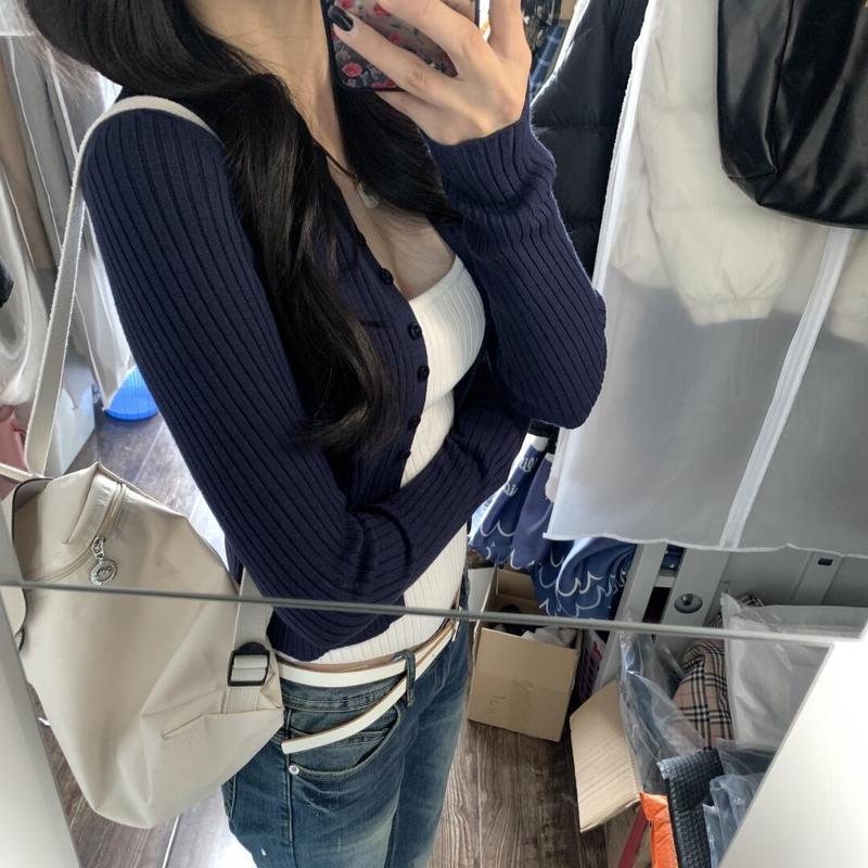 韩系藏青色开衫针织衫女春秋短款内搭叠穿吊带背心修身两件套上衣|undefined