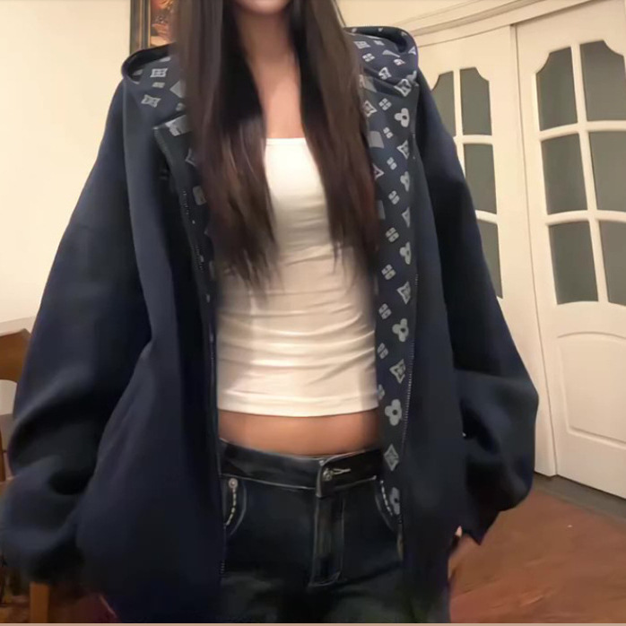 美式复古灰色开衫连帽卫衣女 2025早秋季宽松慵懒风拉链卫衣外套|undefined
