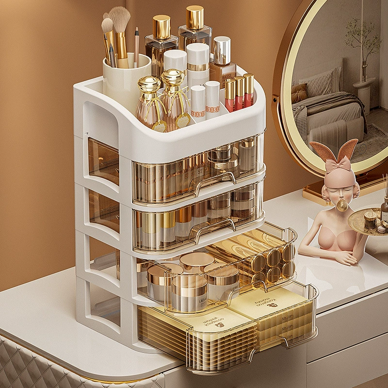Cosmetic Storage Box, Multi-Drawer Plastic Organizer, Light Luxury Style, Cream/White