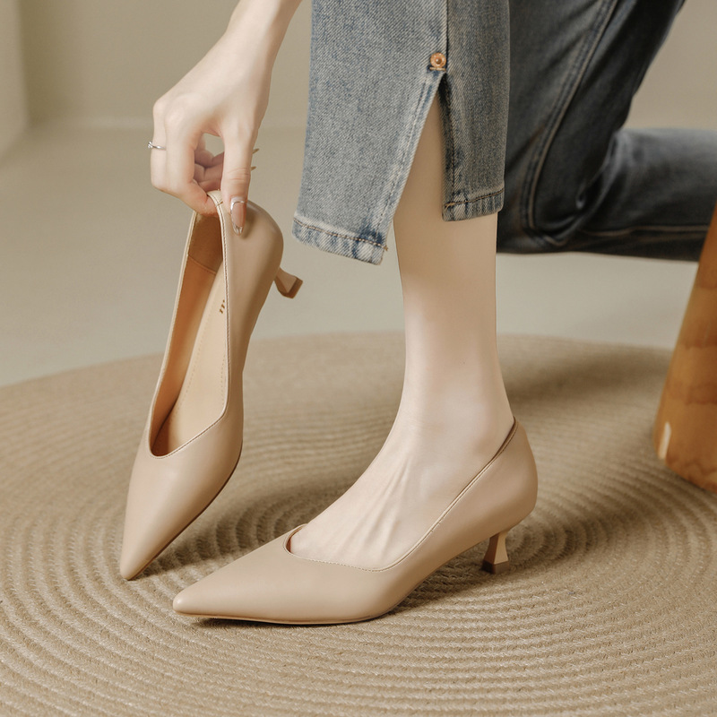 French Shallow Mouth Pointed Toe High Heels for Women 2025 Spring & Fall New Kitten Heels Comfortable Soft Leather Work Shoes for Work French Shallow Mouth Pointed Toe High Heels for Women 2025 Spring & Fall New Kitten Heels Comfortable Soft Leather Work Shoes for Work