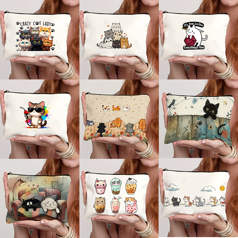Fuente de fabricación directa de varios estilos de gato impresa bolsa de lona con cremallera bolsa de cambio de mano almacenamiento de cosméticos