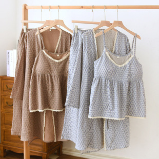Women's Spring and Autumn home wear cardigan sling cardigan three-piece cotton crepe sexy home new comfortable pajamas