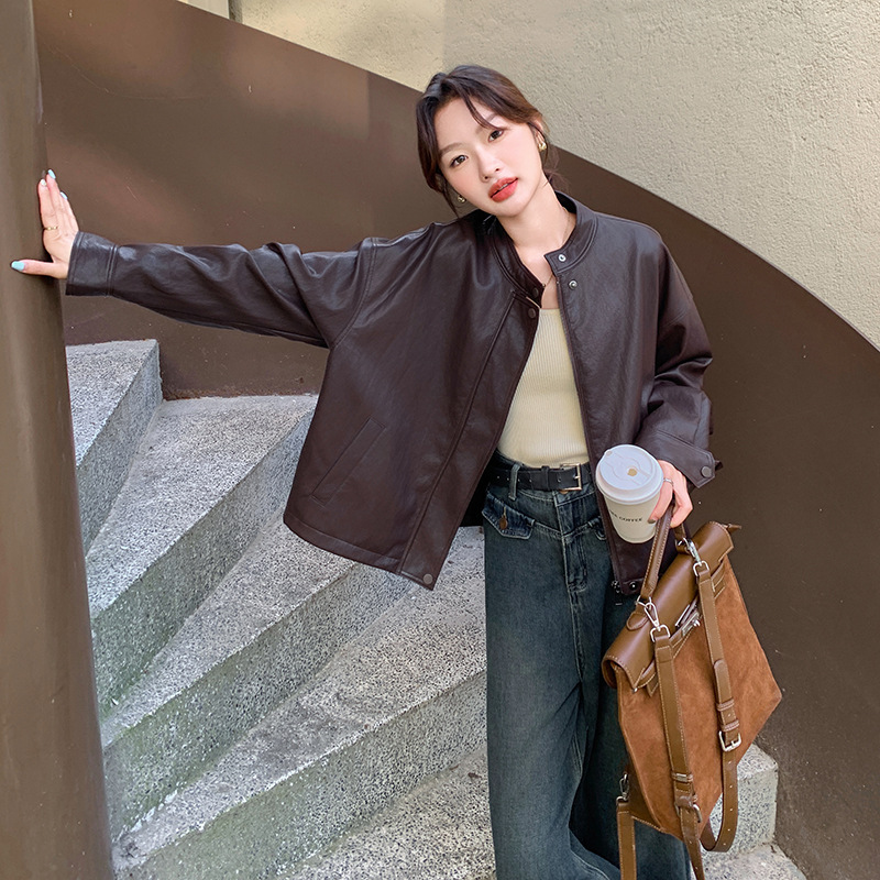 实拍咖色复古短款皮衣外套女春秋季2025新款高级感美拉德休闲夹克|undefined