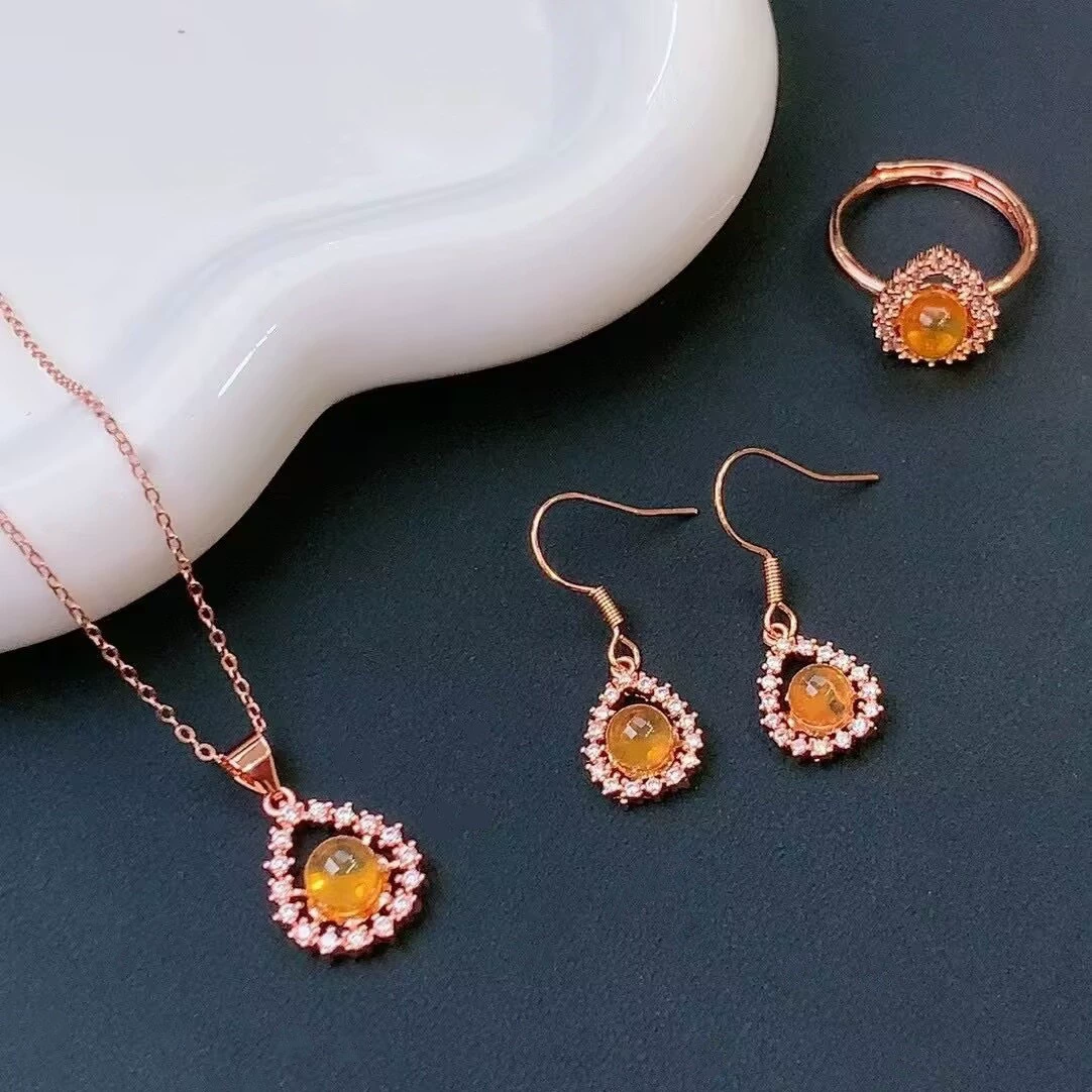 Натуральный синий набор из трех частей женский продвинутый дизайн сетка красная медная инкрустация кольца серьги украшения ожерелье