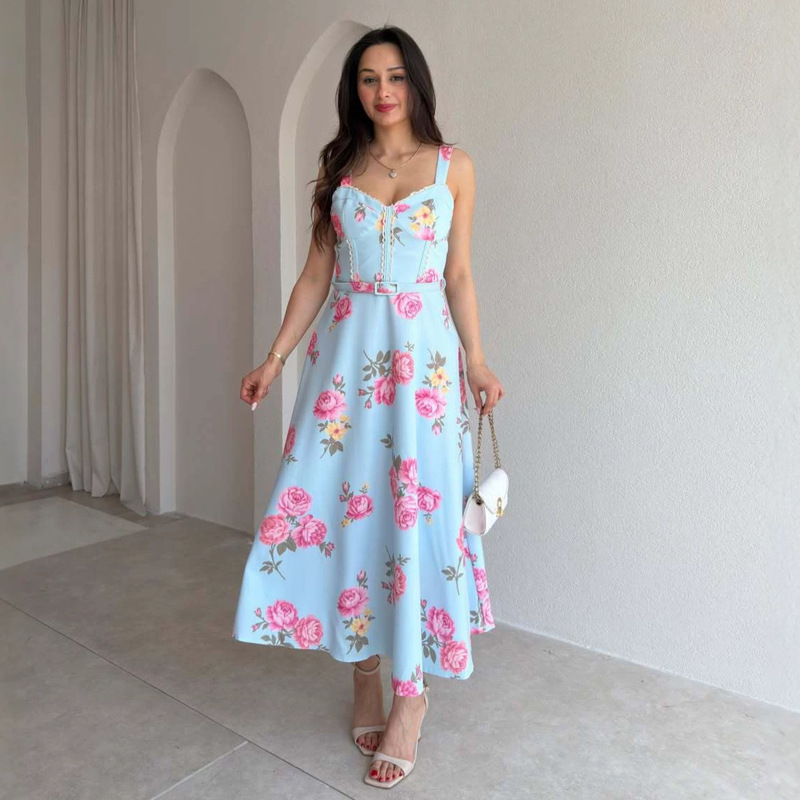 Cross-Border European and American 2026 Women's New Spring and Autumn Long Strap Dress, Waist-Cinching Dress, Slimming Sleeveless Printed Long Dress