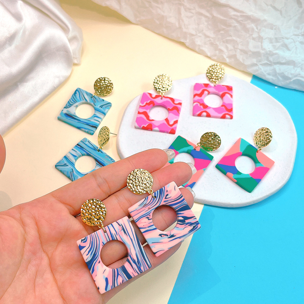 1 Pair Retro Color Block Square Alloy soft clay Patchwork Womenu0027S Drop Earrings
