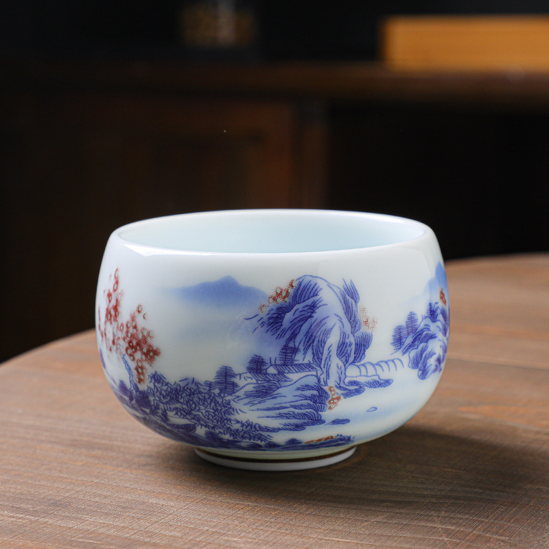 Large-sized blue-and-white sheep-fat jade master cup, high-end celadon white porcelain single cup, ceramic tea cup, tea-tasting cup, tea saucer, and tea bowl—wholesale available
