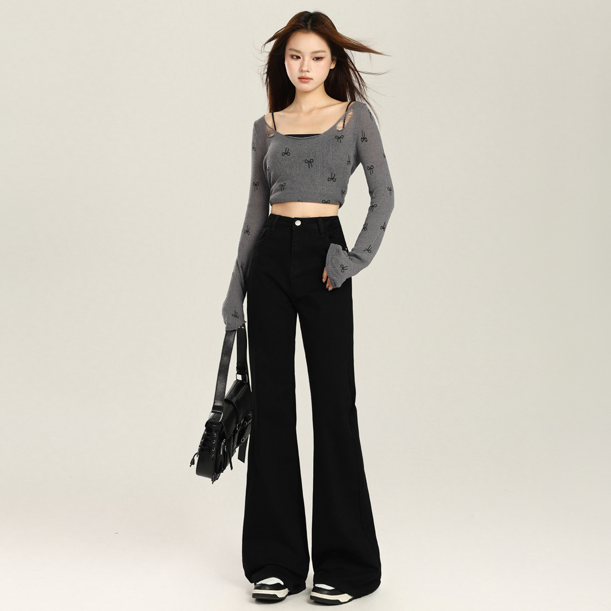 黑色微喇叭牛仔褲女2025春季小個子高腰顯瘦不貼腿彈力闊腿馬蹄褲