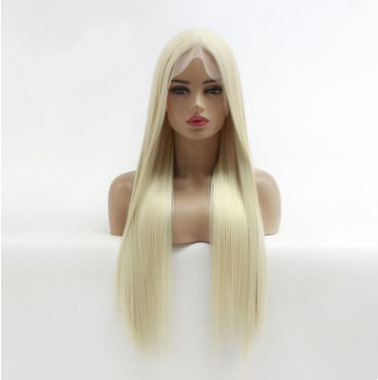 Peluca europea y americana para mujer, cabello liso de longitud media de oro claro, peluca de encaje frontal de fibra química, fábrica al por mayor LW0054