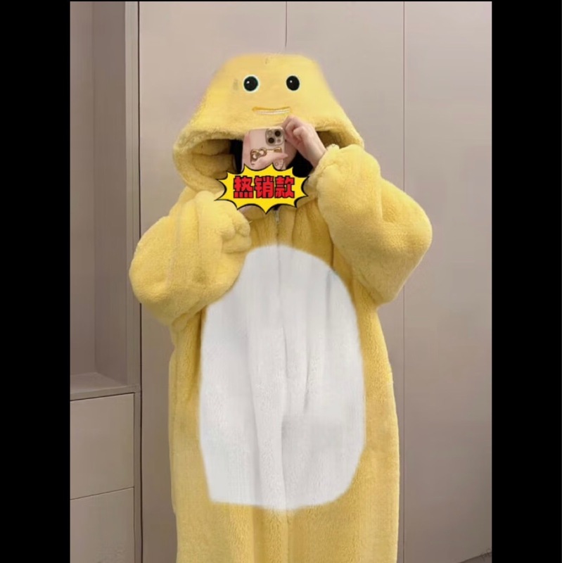 小奶龙秋冬卡通动物抽象衣服搞怪男女家居服连体睡衣情侣连帽睡袍|undefined
