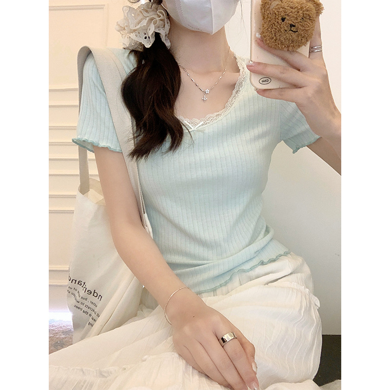 Pure hot girl style bow short-sleeved T-shirt female 2024 su..