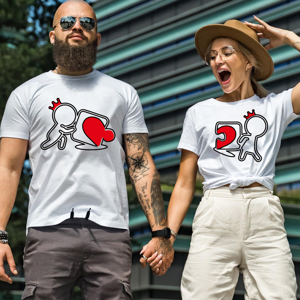 Man's clothing Lovers T-shirt left and right red patchwork love crown small print T-shirt_voghion.com