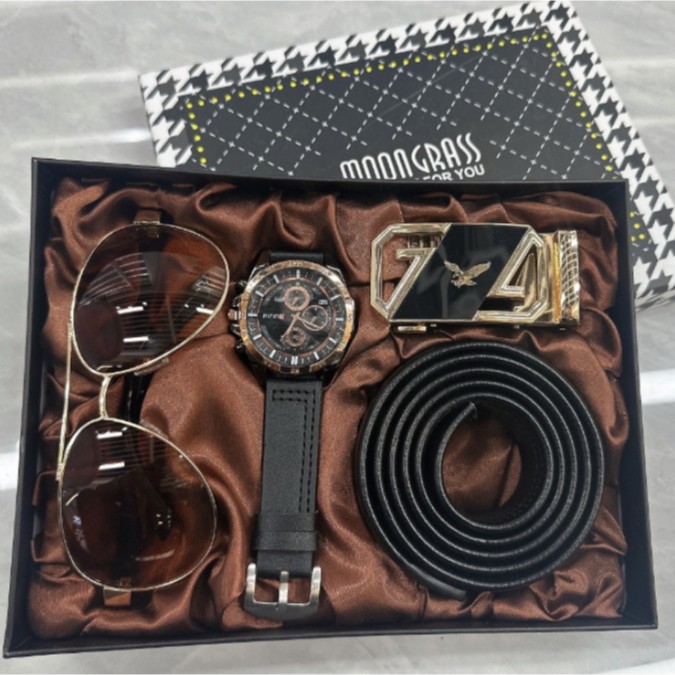Reloj de hombre traje de regalo al por mayor reloj de cuarzo reloj temperamento cinturón billetera gafas Conjunto de 4 piezas traje