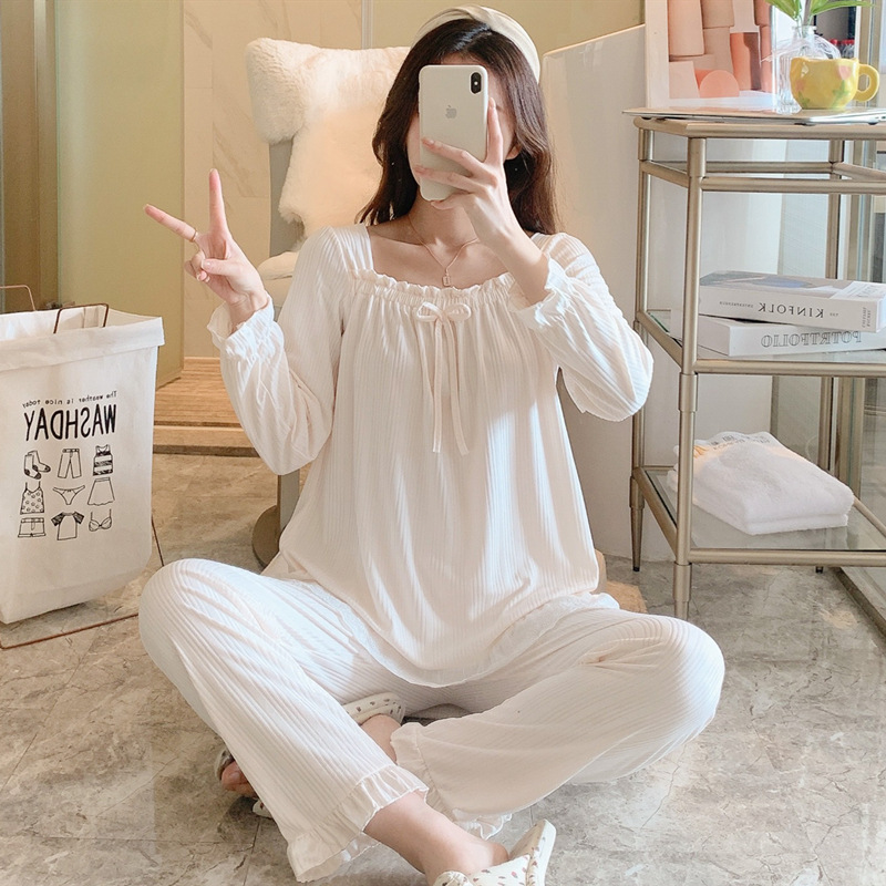 Primavera y otoño nuevos pijamas de las mujeres fuera del cuello de manga larga arco de color sólido dulce lindo traje de desgaste para el hogar se puede usar fuera